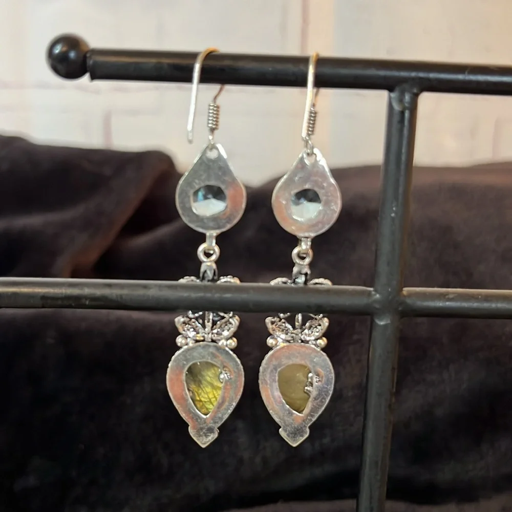 NWT BLUE TOPAZ , LABRADORITE 925 STERLING SILVER DROP FLOWER EARRINGS 2.2” - Picture 5 of 9